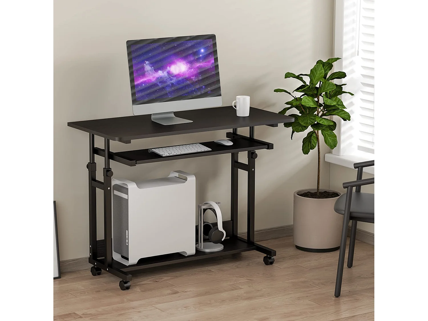 Table Appoint Roulette 80x45cm, Table Bureau d'Ordinateur Mobile Reglable Hauteur de 69 à 90cm avec roulettes, 2 Etagères de Rangement, Ideal pour Bureau Lit Canapé