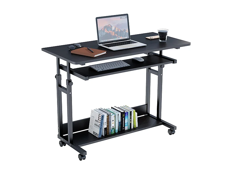 Table Appoint Roulette 80x45cm, Table Bureau d'Ordinateur Mobile Reglable Hauteur de 69 à 90cm avec roulettes, 2 Etagères de Rangement, Ideal pour Bureau Lit Canapé