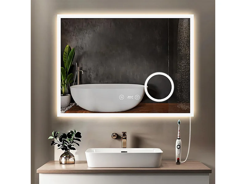 YOLEO Badkamerspiegel met Verlichting, Klok, Temperatuur, 3x Vergroting, Wandspiegel met Stopcontact, LED Anti-Beslagen, 3 Instelbare Lichtkleuren, 80 x 60 cm