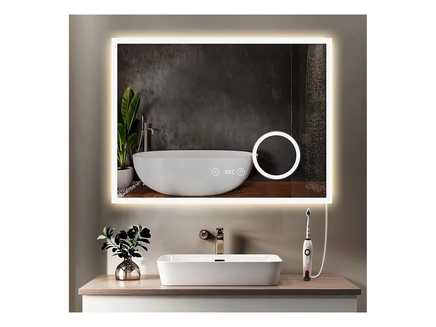 YOLEO Badkamerspiegel met Verlichting, Klok, Temperatuur, 3x Vergroting, Wandspiegel met Stopcontact, LED Anti-Beslagen, 3 Instelbare Lichtkleuren, 80 x 60 cm