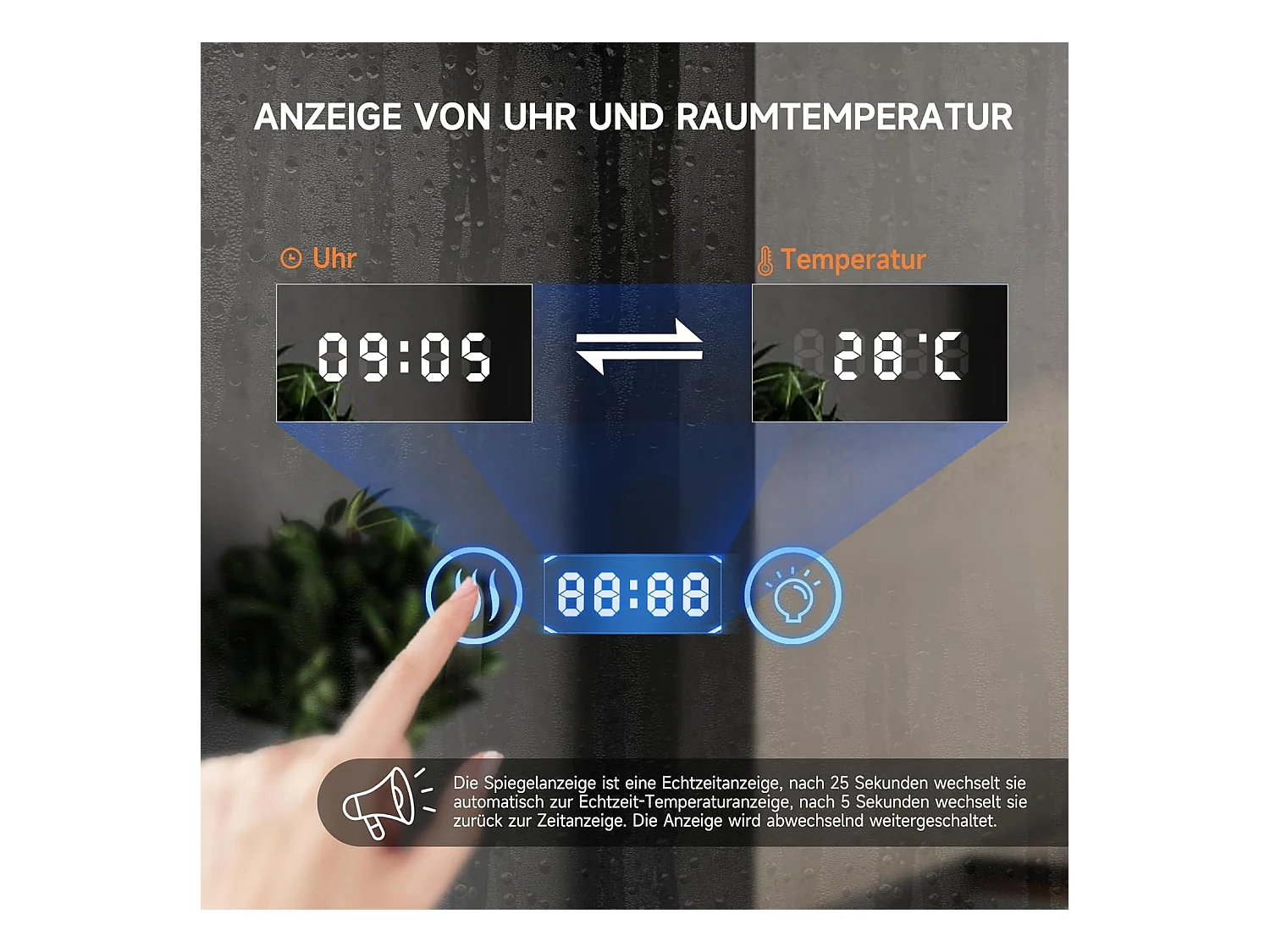 YOLEO Badkamerspiegel met Verlichting, Klok, Temperatuur, 3x Vergroting, Wandspiegel met Stopcontact, LED Anti-Beslagen, 3 Instelbare Lichtkleuren, 80 x 60 cm