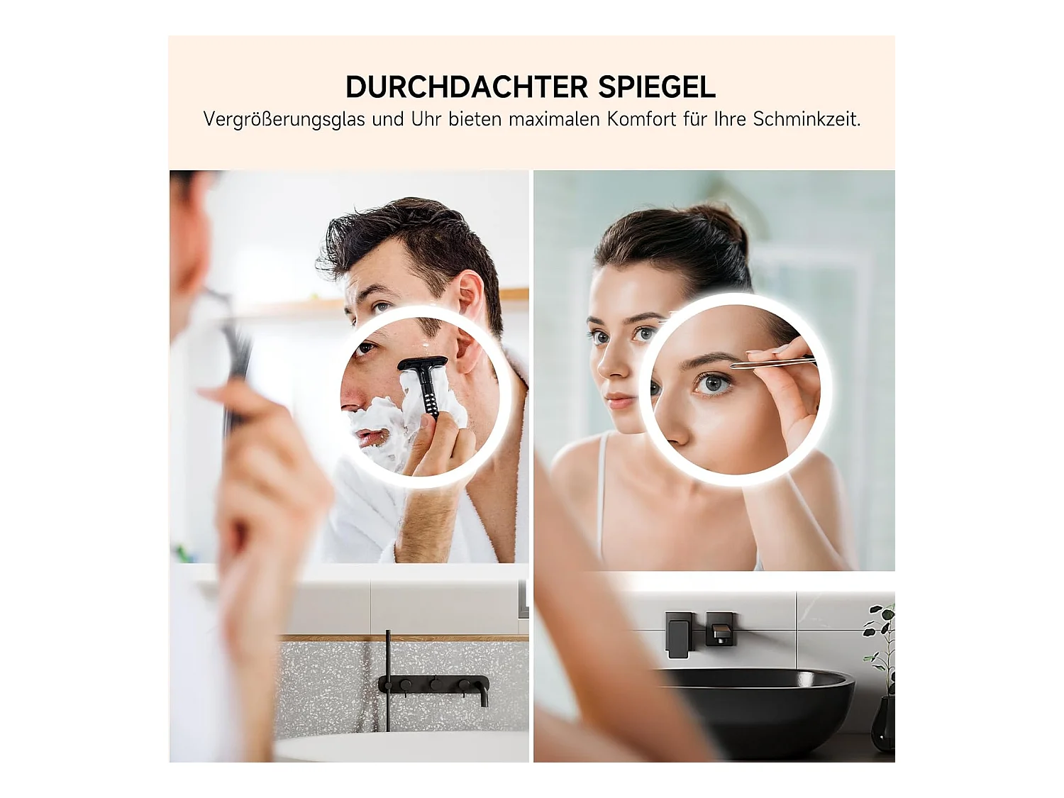 YOLEO Badkamerspiegel met Verlichting, Klok, Temperatuur, 3x Vergroting, Wandspiegel met Stopcontact, LED Anti-Beslagen, 3 Instelbare Lichtkleuren, 80 x 60 cm