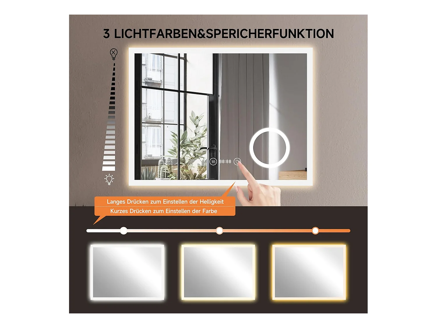YOLEO Badkamerspiegel met Verlichting, Klok, Temperatuur, 3x Vergroting, Wandspiegel met Stopcontact, LED Anti-Beslagen, 3 Instelbare Lichtkleuren, 80 x 60 cm
