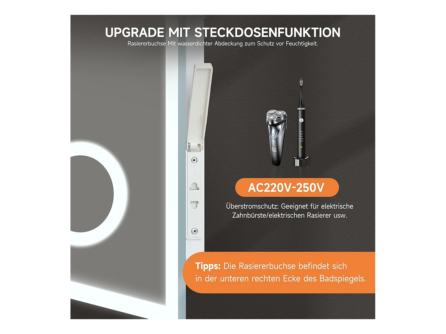 YOLEO Badkamerspiegel met Verlichting, Klok, Temperatuur, 3x Vergroting, Wandspiegel met Stopcontact, LED Anti-Beslagen, 3 Instelbare Lichtkleuren, 80 x 60 cm