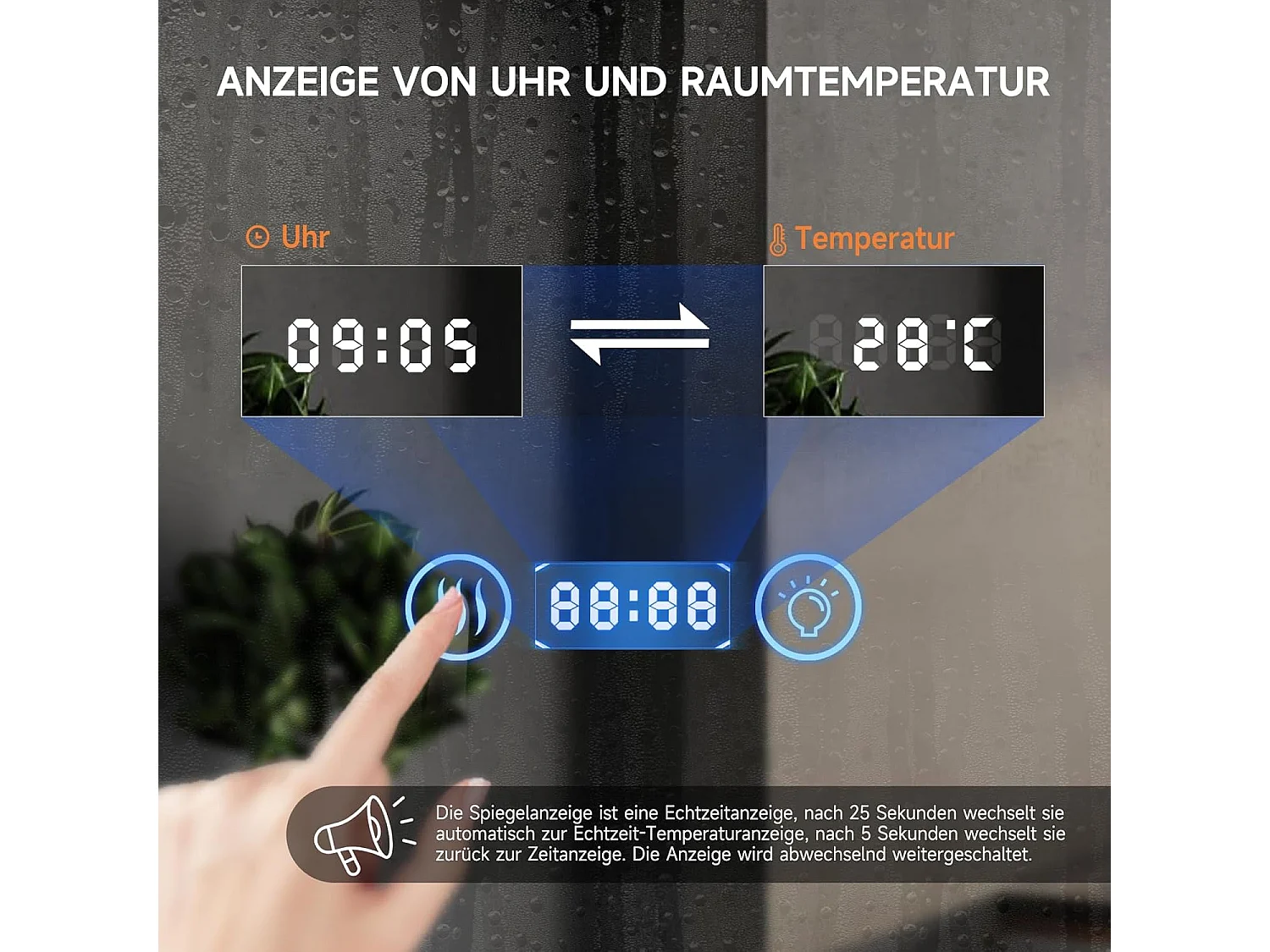 Miroir de Salle de Bain YOLEO avec Éclairage, Horloge, Thermomètre, Loupe 3x, Miroir Mural avec Prise, LED Anti-Buée, 3 Couleurs de Lumière Réglables, 80 x 60 cm