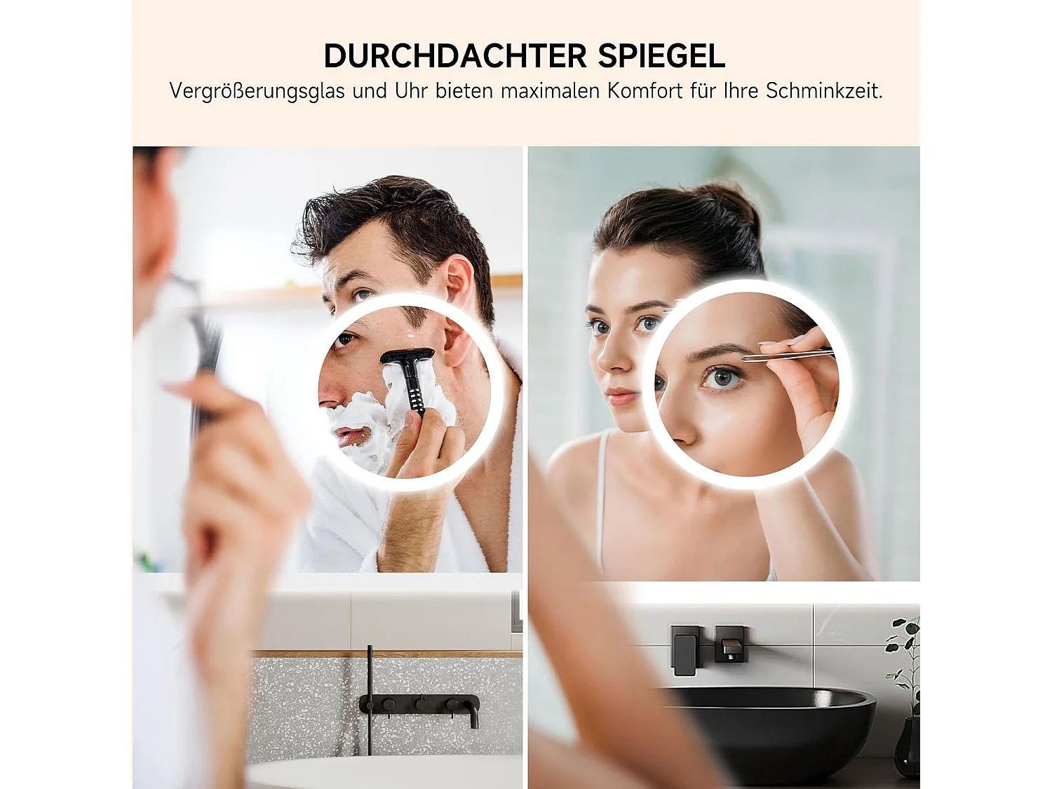 Miroir de Salle de Bain YOLEO avec Éclairage, Horloge, Thermomètre, Loupe 3x, Miroir Mural avec Prise, LED Anti-Buée, 3 Couleurs de Lumière Réglables, 80 x 60 cm