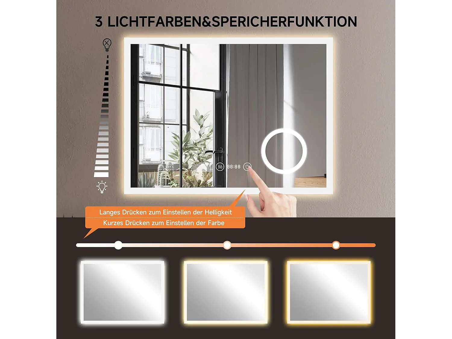 Miroir de Salle de Bain YOLEO avec Éclairage, Horloge, Thermomètre, Loupe 3x, Miroir Mural avec Prise, LED Anti-Buée, 3 Couleurs de Lumière Réglables, 80 x 60 cm