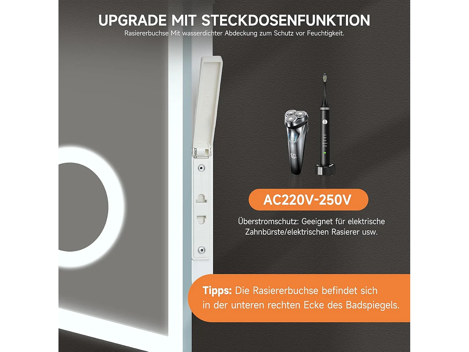 Miroir de Salle de Bain YOLEO avec Éclairage, Horloge, Thermomètre, Loupe 3x, Miroir Mural avec Prise, LED Anti-Buée, 3 Couleurs de Lumière Réglables, 80 x 60 cm