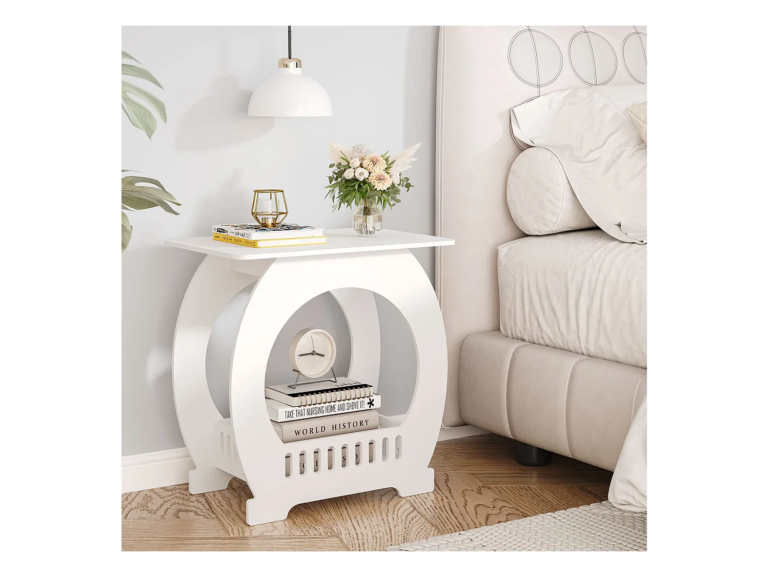 Comodino bianco 30x44x46 cm con cestino, ideale come comodino, tavolino da caffè o tavolino da divano per soggiorno, camera da letto, bagno o balcone