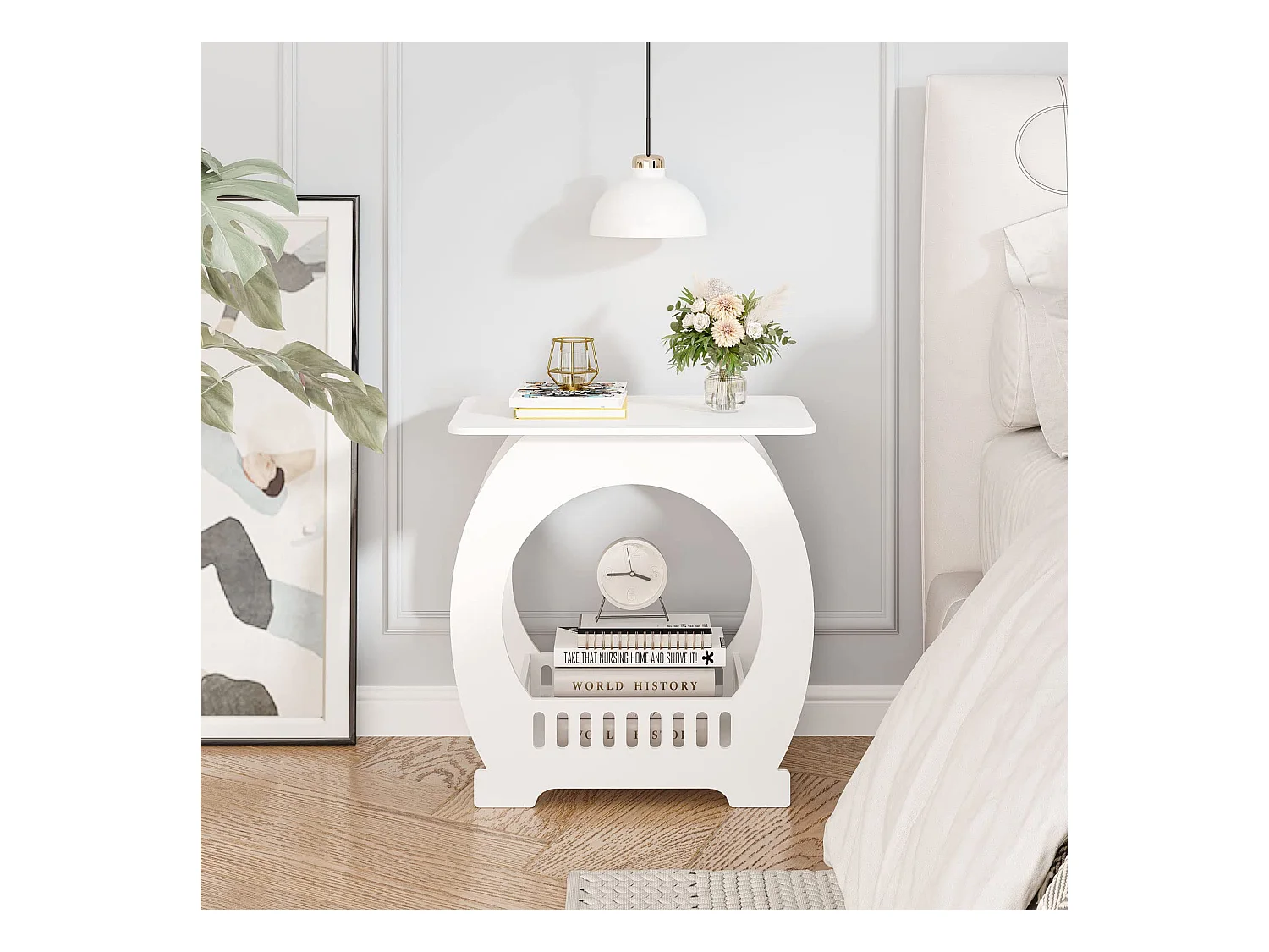 Comodino bianco 30x44x46 cm con cestino, ideale come comodino, tavolino da caffè o tavolino da divano per soggiorno, camera da letto, bagno o balcone