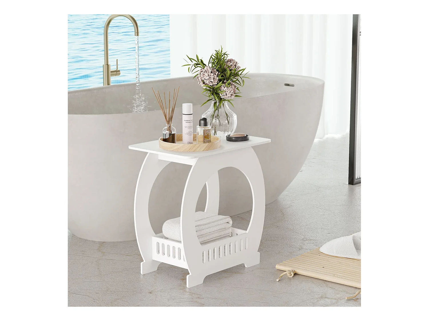 Comodino bianco 30x44x46 cm con cestino, ideale come comodino, tavolino da caffè o tavolino da divano per soggiorno, camera da letto, bagno o balcone