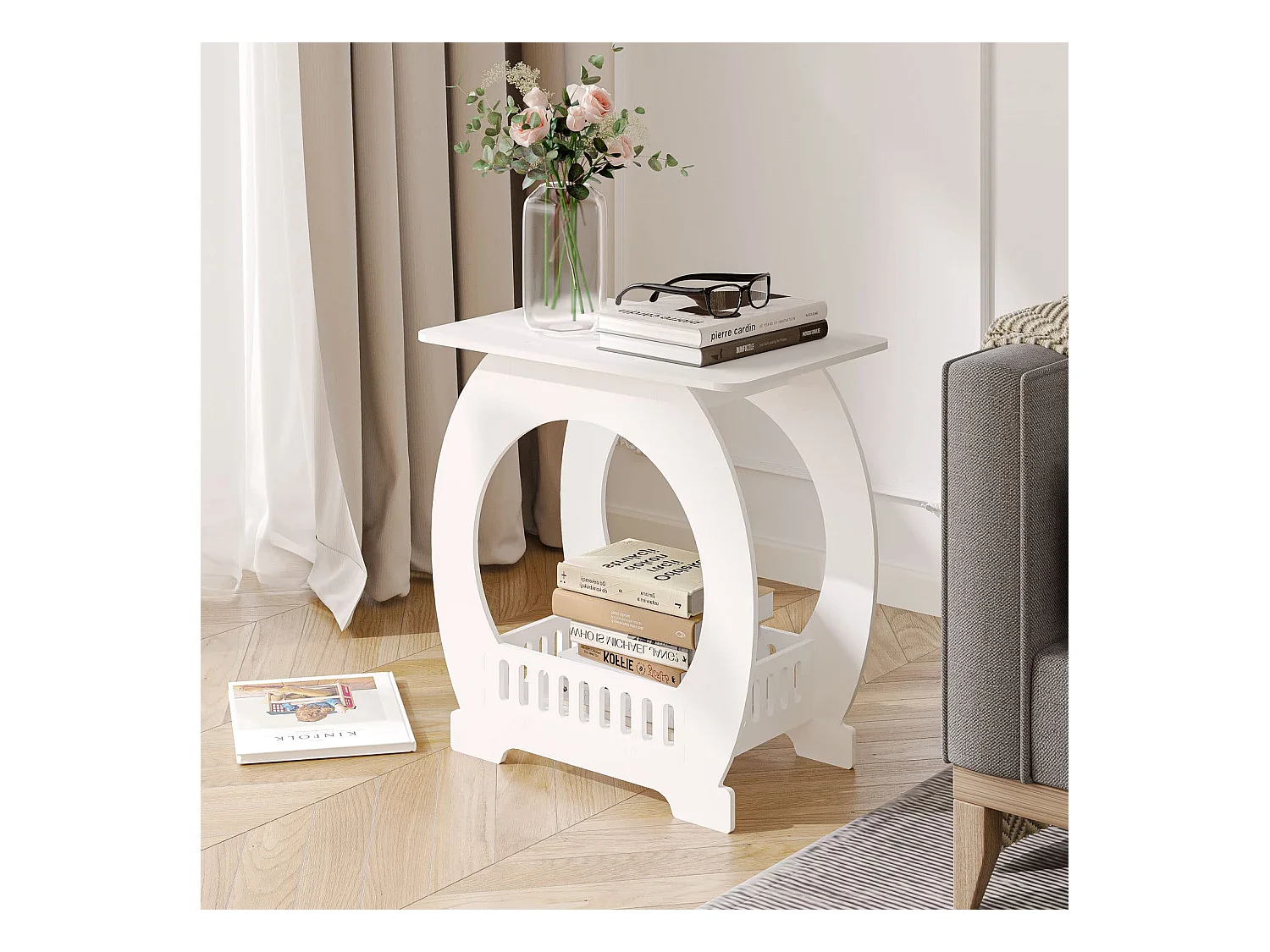 Comodino bianco 30x44x46 cm con cestino, ideale come comodino, tavolino da caffè o tavolino da divano per soggiorno, camera da letto, bagno o balcone