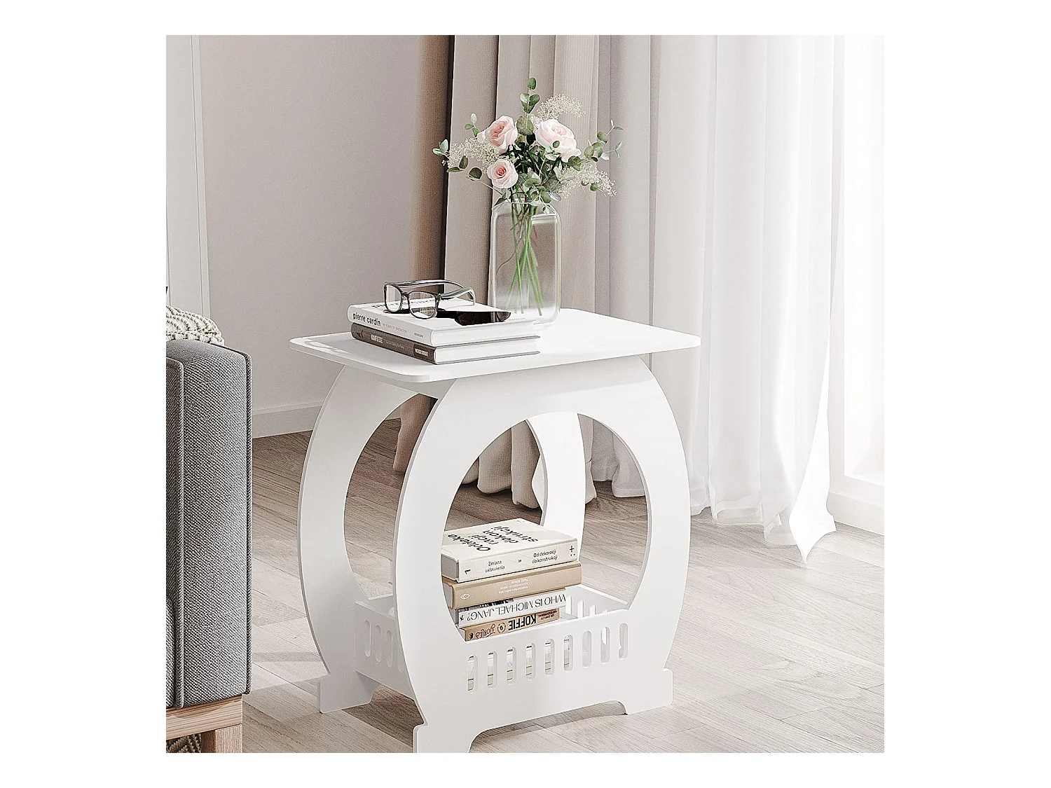 Comodino bianco 30x44x46 cm con cestino, ideale come comodino, tavolino da caffè o tavolino da divano per soggiorno, camera da letto, bagno o balcone