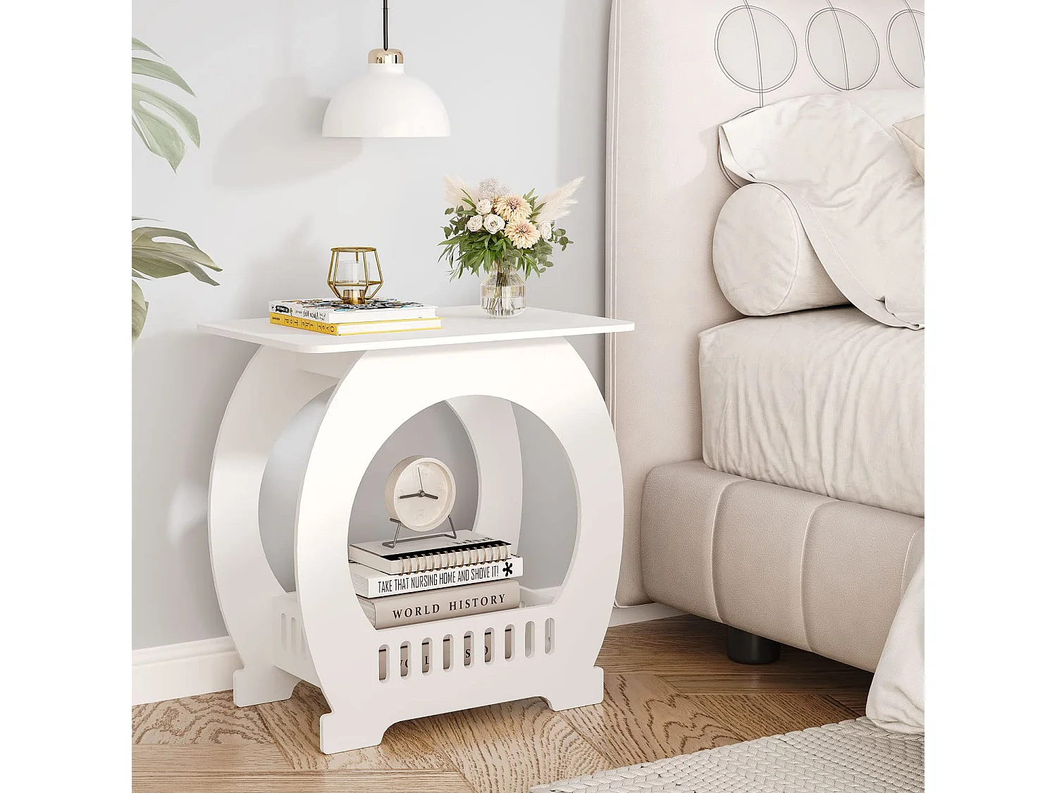 Table de chevet blanche 30x44x46 cm avec panier, idéale comme table de nuit, table à café ou bout de canapé pour salon, chambre, salle de bains ou balcon