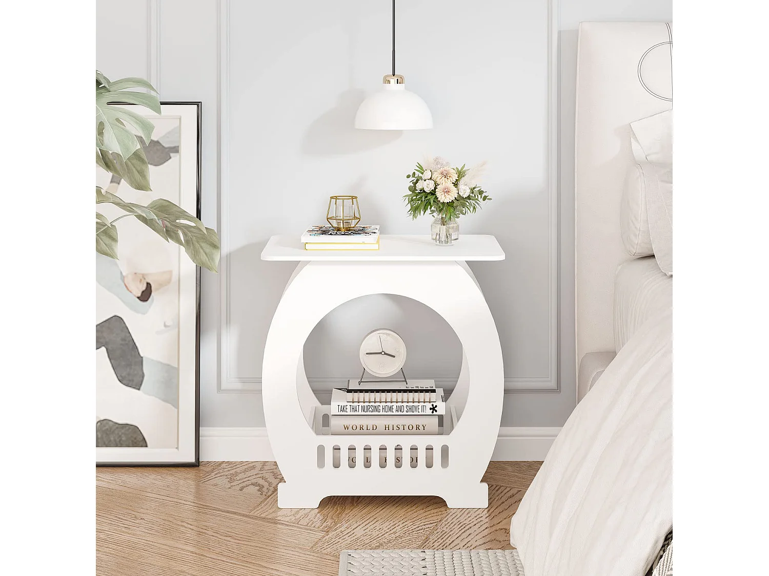 Table de chevet blanche 30x44x46 cm avec panier, idéale comme table de nuit, table à café ou bout de canapé pour salon, chambre, salle de bains ou balcon