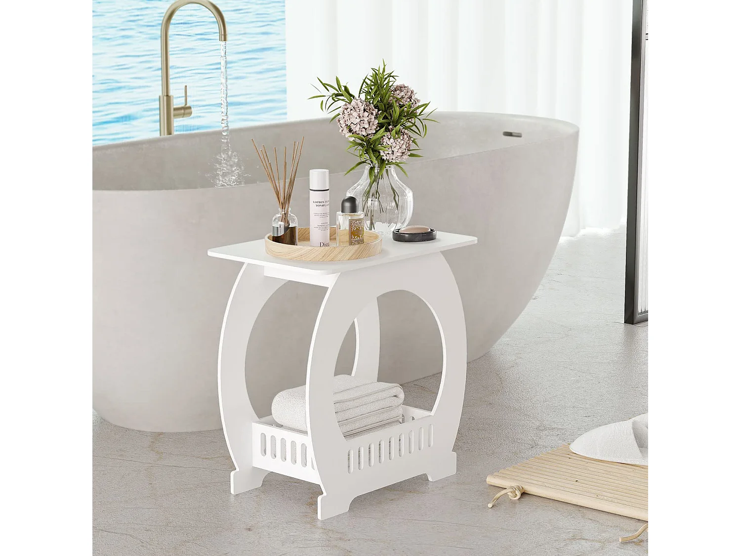 Table de chevet blanche 30x44x46 cm avec panier, idéale comme table de nuit, table à café ou bout de canapé pour salon, chambre, salle de bains ou balcon