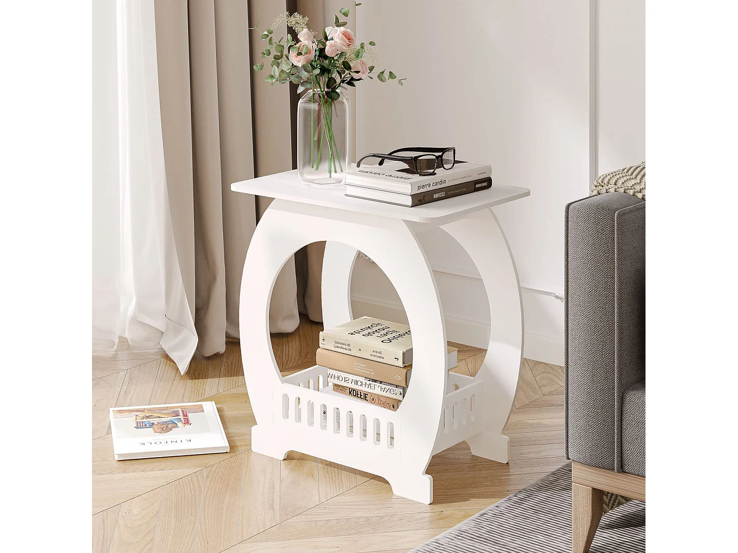 Table de chevet blanche 30x44x46 cm avec panier, idéale comme table de nuit, table à café ou bout de canapé pour salon, chambre, salle de bains ou balcon