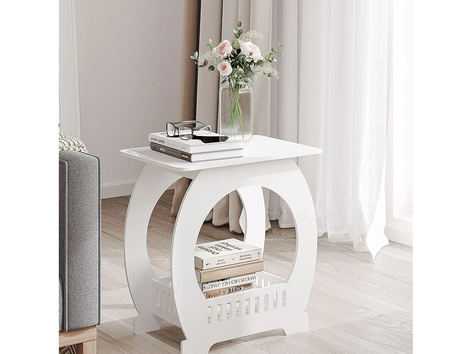 Table de chevet blanche 30x44x46 cm avec panier, idéale comme table de nuit, table à café ou bout de canapé pour salon, chambre, salle de bains ou balcon