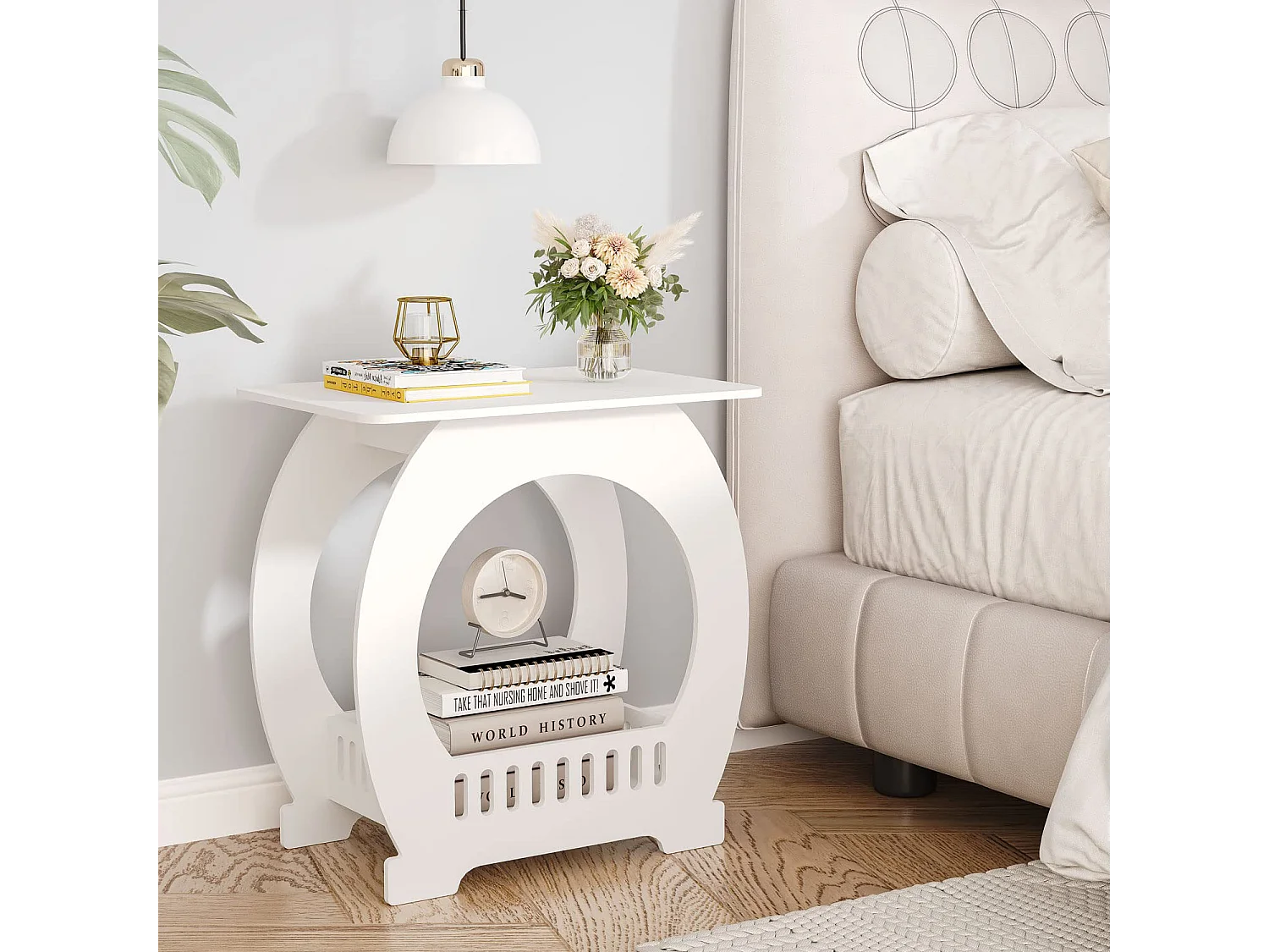 Comodino bianco 30x44x46 cm con cestino, ideale come comodino, tavolino da caffè o tavolino da divano per soggiorno, camera da letto, bagno o balcone