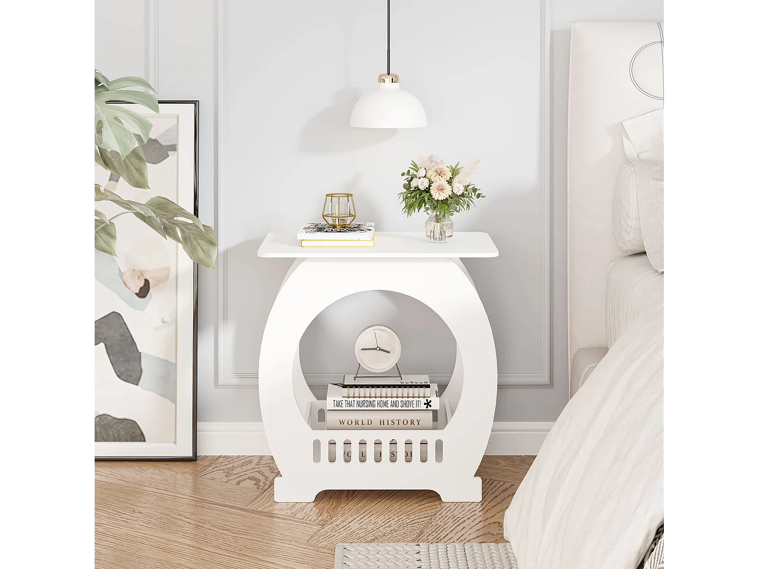 Comodino bianco 30x44x46 cm con cestino, ideale come comodino, tavolino da caffè o tavolino da divano per soggiorno, camera da letto, bagno o balcone