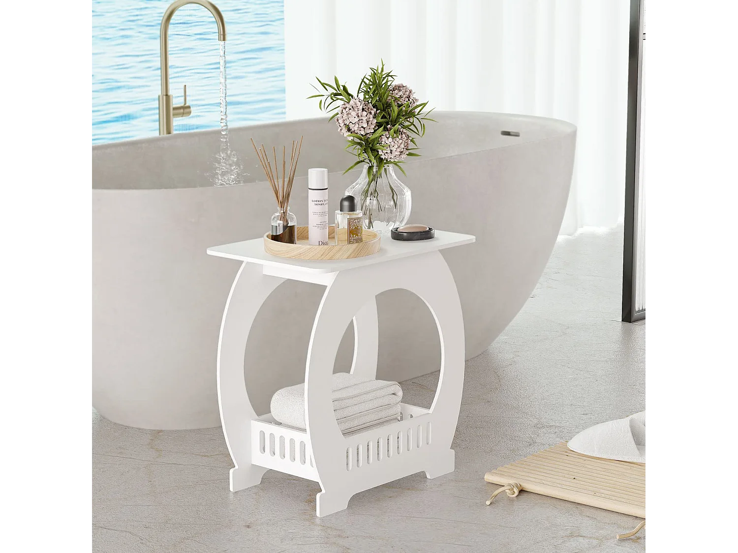 Comodino bianco 30x44x46 cm con cestino, ideale come comodino, tavolino da caffè o tavolino da divano per soggiorno, camera da letto, bagno o balcone