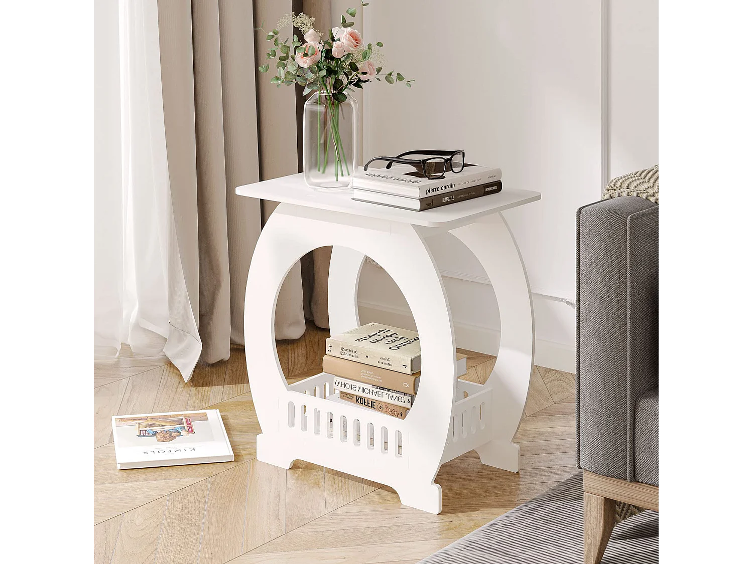 Comodino bianco 30x44x46 cm con cestino, ideale come comodino, tavolino da caffè o tavolino da divano per soggiorno, camera da letto, bagno o balcone