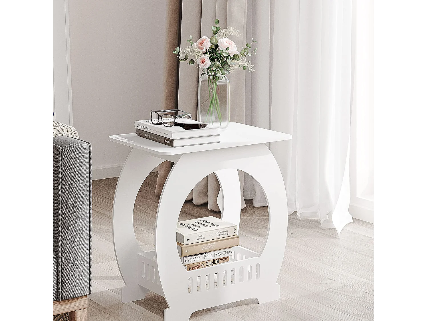 Comodino bianco 30x44x46 cm con cestino, ideale come comodino, tavolino da caffè o tavolino da divano per soggiorno, camera da letto, bagno o balcone