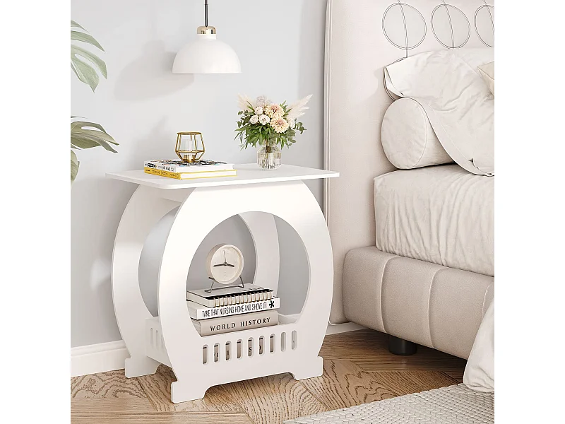 Table de chevet blanche 30x44x46 cm avec panier, idéale comme table de nuit, table à café ou bout de canapé pour salon, chambre, salle de bains ou balcon