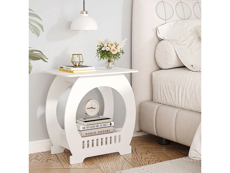 Table de chevet blanche 30x44x46 cm avec panier, idéale comme table de nuit, table à café ou bout de canapé pour salon, chambre, salle de bains ou balcon