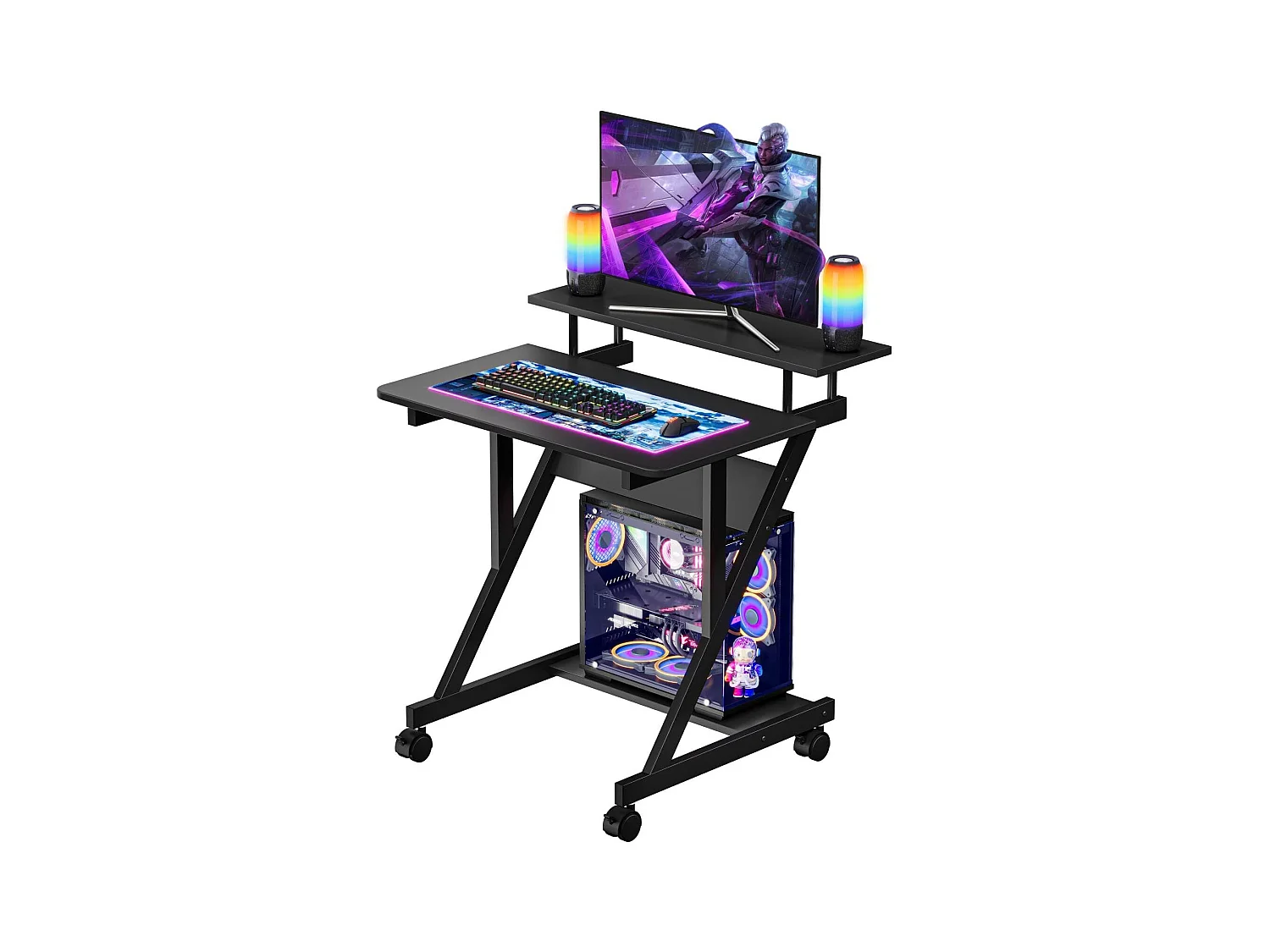 Scrivania per computer a Z con ruote, compatta 70x60x79 cm, ripiani integrati, facile da spostare, ideale per piccoli spazi, ufficio o studio