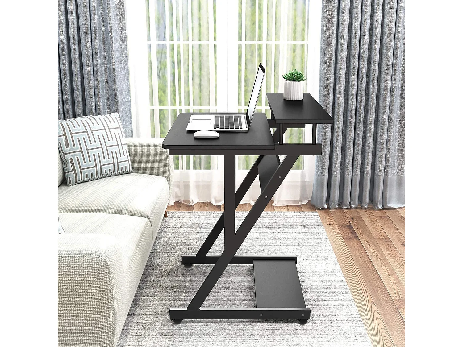 Scrivania per computer a Z con ruote, compatta 70x60x79 cm, ripiani integrati, facile da spostare, ideale per piccoli spazi, ufficio o studio