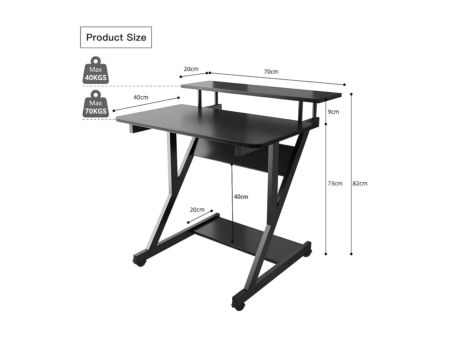 Scrivania per computer a Z con ruote, compatta 70x60x79 cm, ripiani integrati, facile da spostare, ideale per piccoli spazi, ufficio o studio