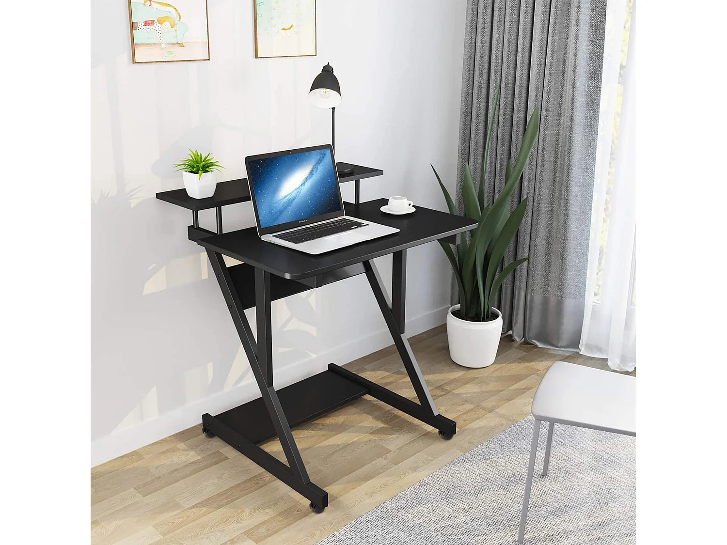 Scrivania per computer a Z con ruote, compatta 70x60x79 cm, ripiani integrati, facile da spostare, ideale per piccoli spazi, ufficio o studio