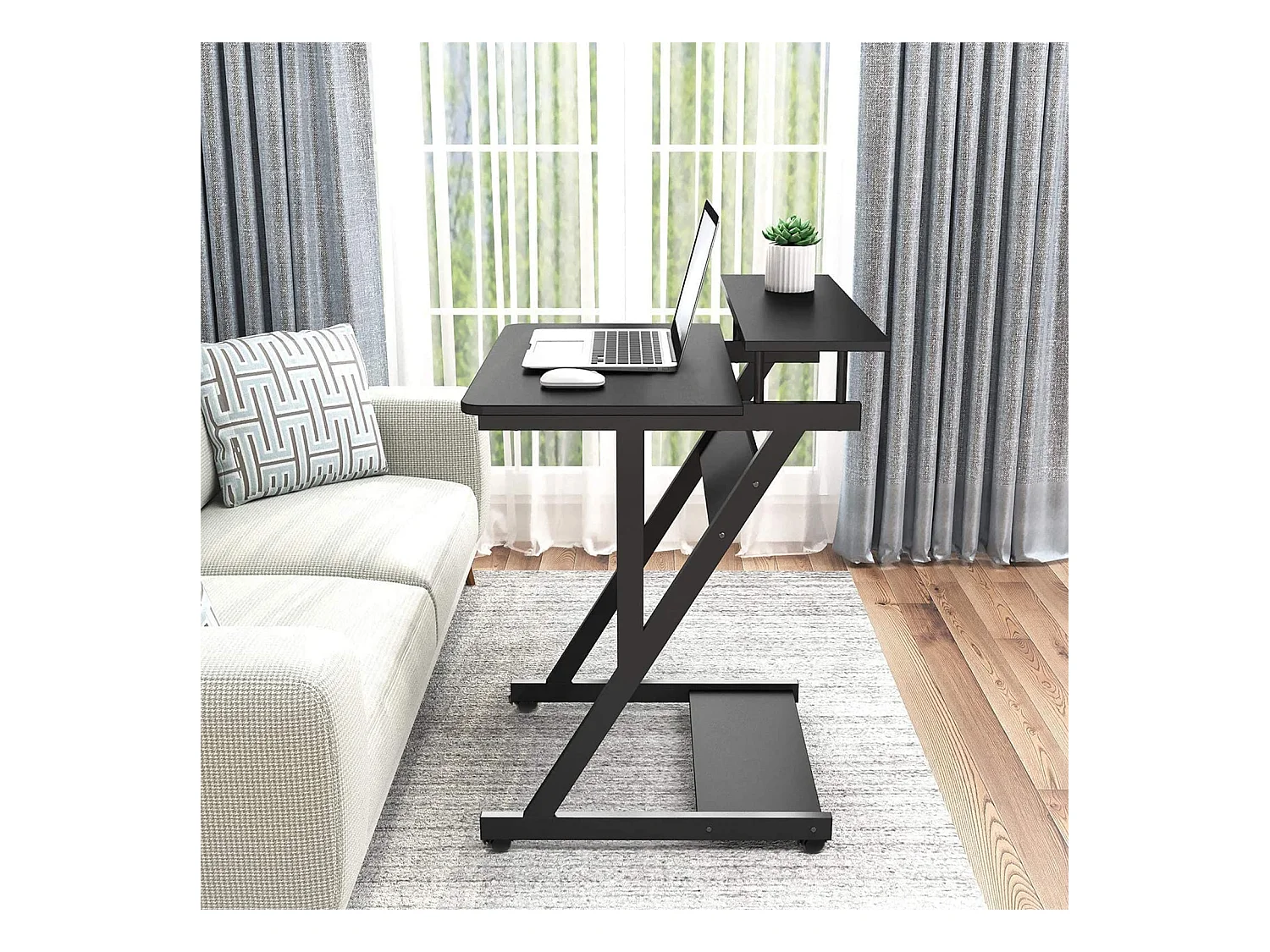 Z-vormig computerbureau met wielen, compact 70x60x79 cm, geïntegreerde planken, gemakkelijk te verplaatsen, ideaal voor kleine ruimtes, kantoor of studeerkamer