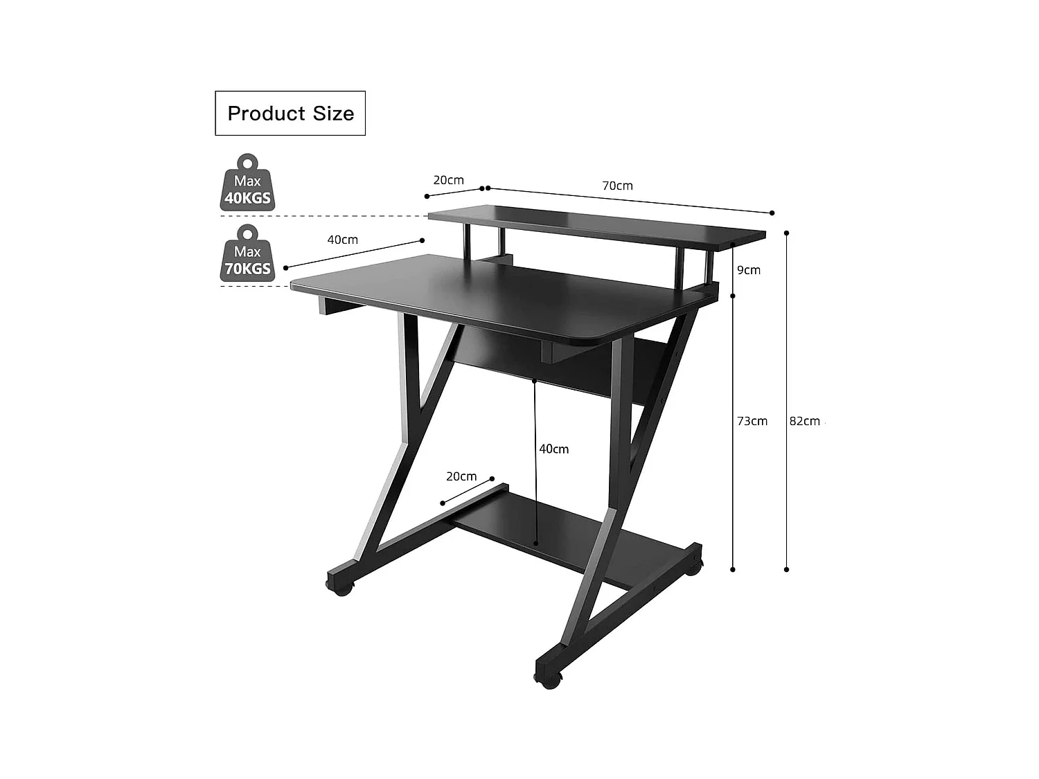 Z-vormig computerbureau met wielen, compact 70x60x79 cm, geïntegreerde planken, gemakkelijk te verplaatsen, ideaal voor kleine ruimtes, kantoor of studeerkamer