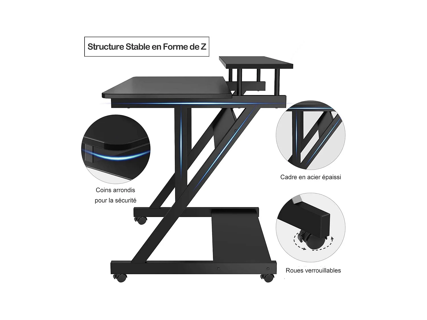 Z-vormig computerbureau met wielen, compact 70x60x79 cm, geïntegreerde planken, gemakkelijk te verplaatsen, ideaal voor kleine ruimtes, kantoor of studeerkamer