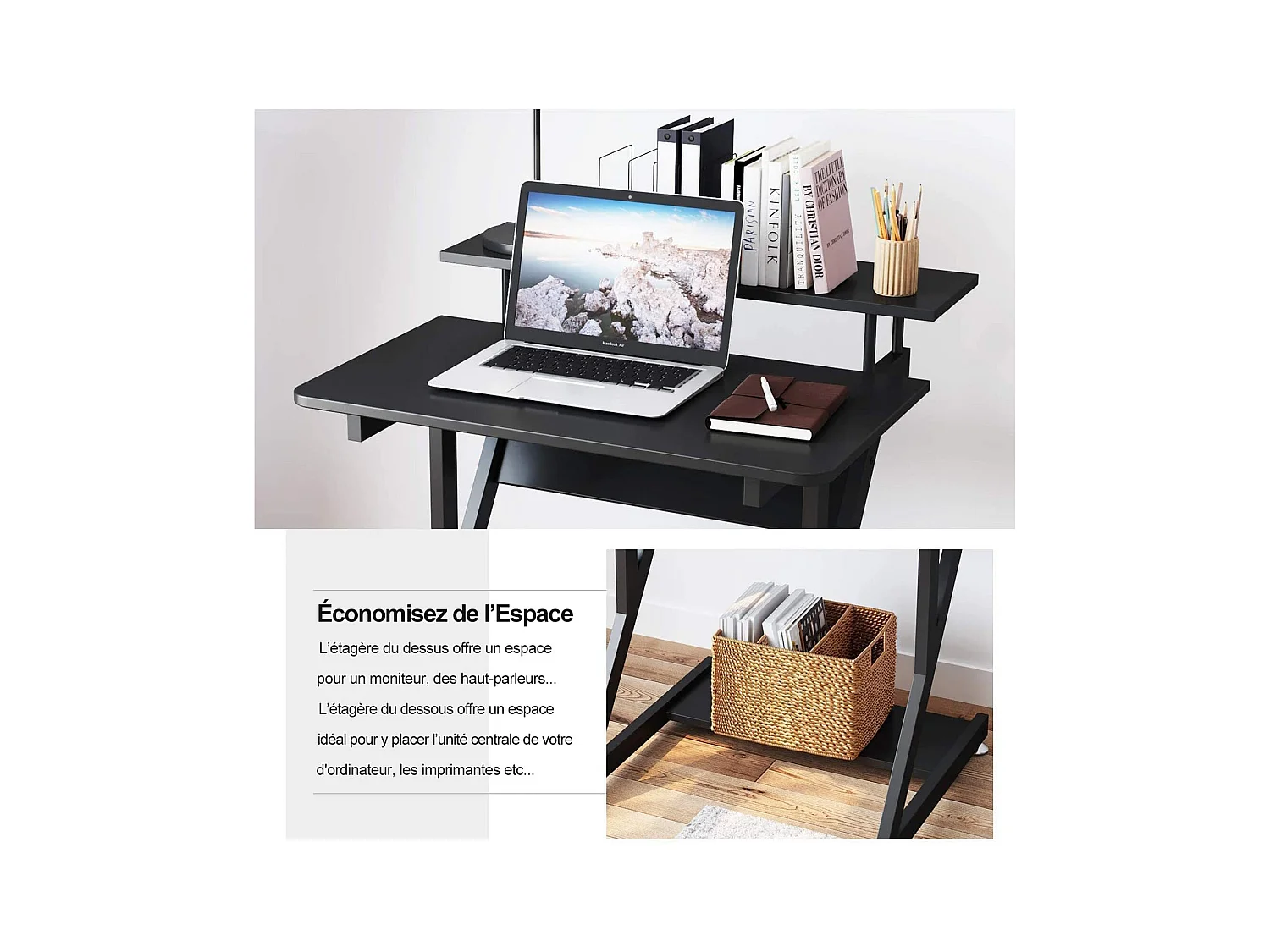 Z-vormig computerbureau met wielen, compact 70x60x79 cm, geïntegreerde planken, gemakkelijk te verplaatsen, ideaal voor kleine ruimtes, kantoor of studeerkamer