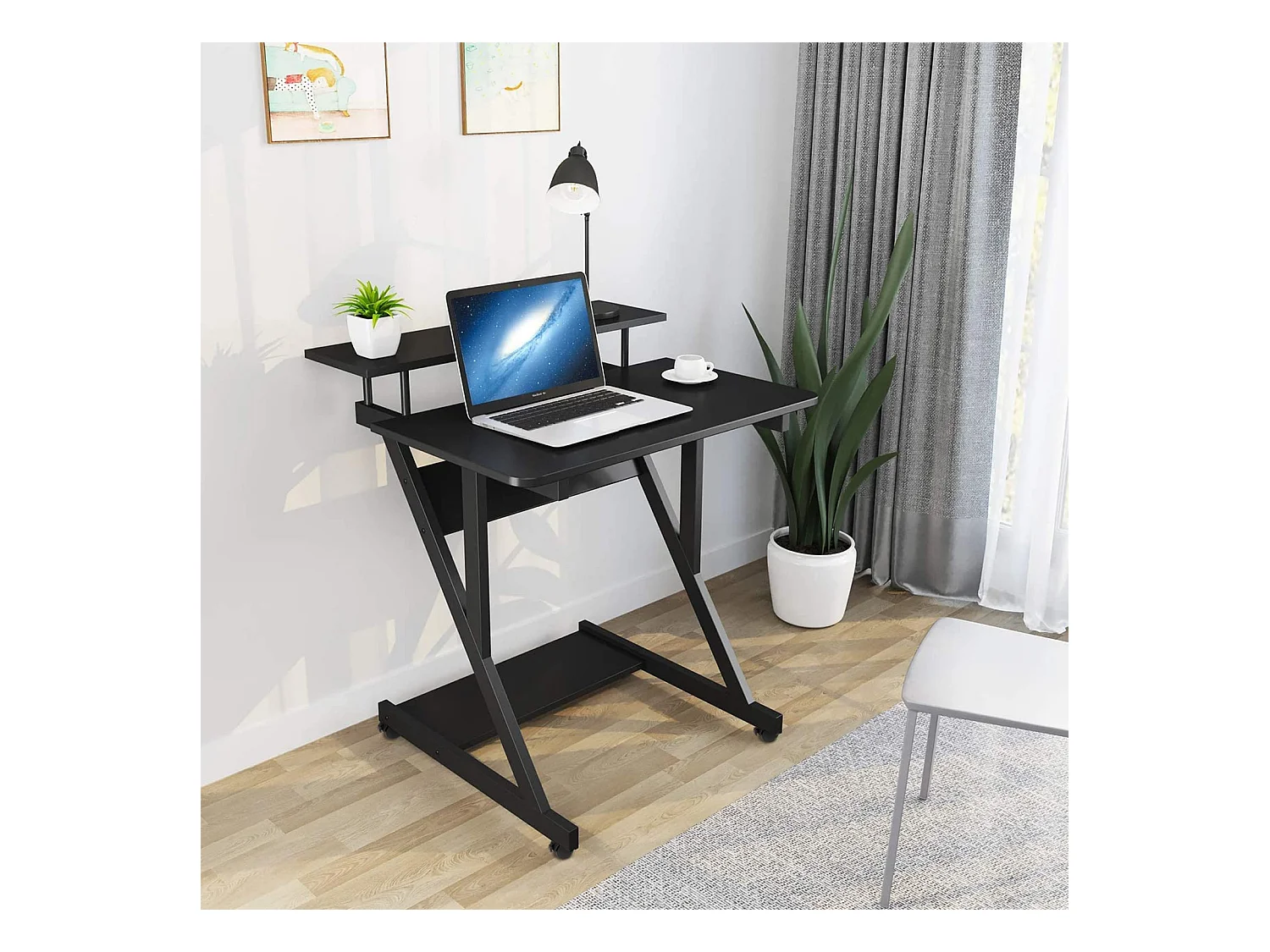 Z-vormig computerbureau met wielen, compact 70x60x79 cm, geïntegreerde planken, gemakkelijk te verplaatsen, ideaal voor kleine ruimtes, kantoor of studeerkamer