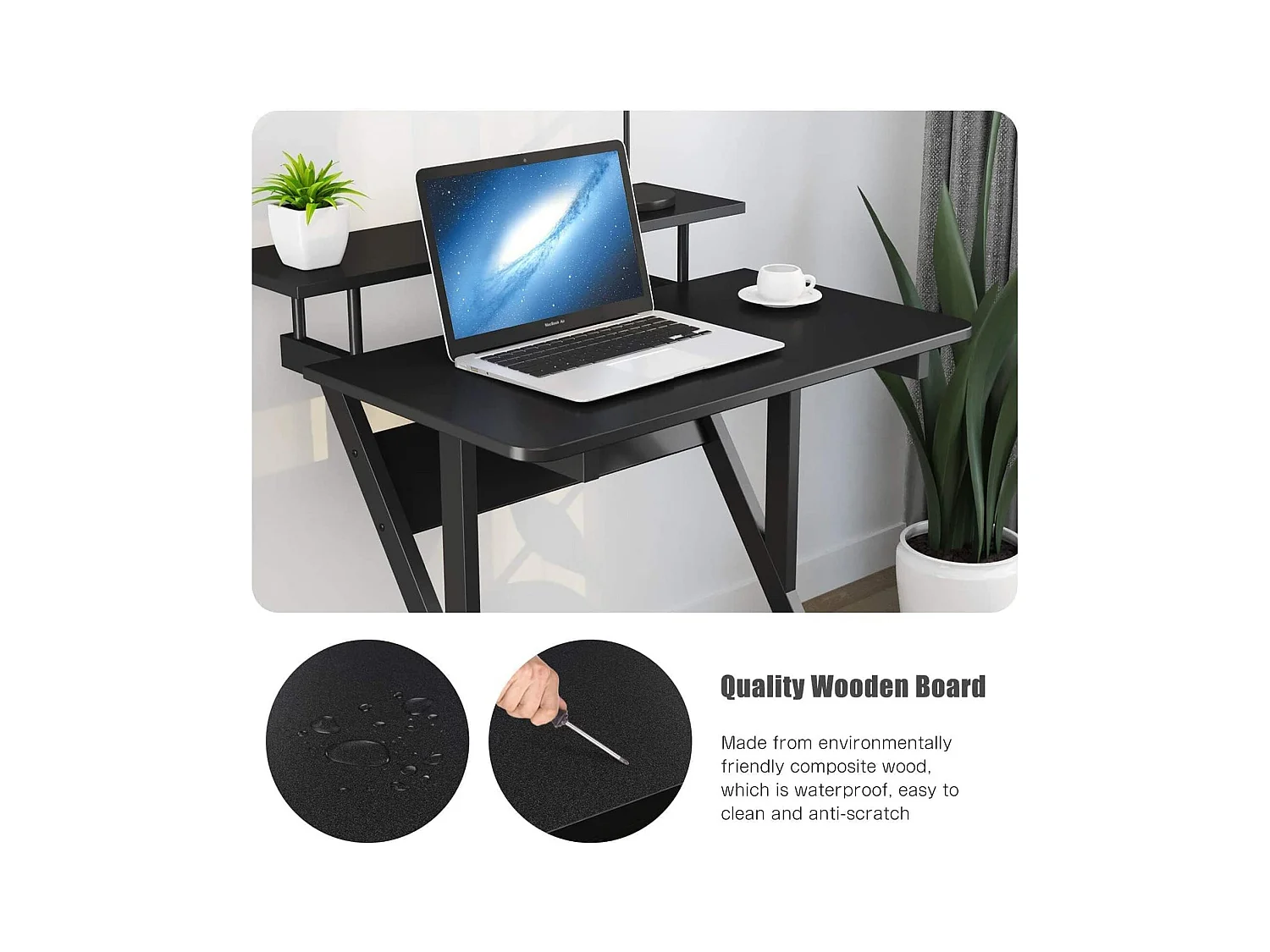 Z-vormig computerbureau met wielen, compact 70x60x79 cm, geïntegreerde planken, gemakkelijk te verplaatsen, ideaal voor kleine ruimtes, kantoor of studeerkamer