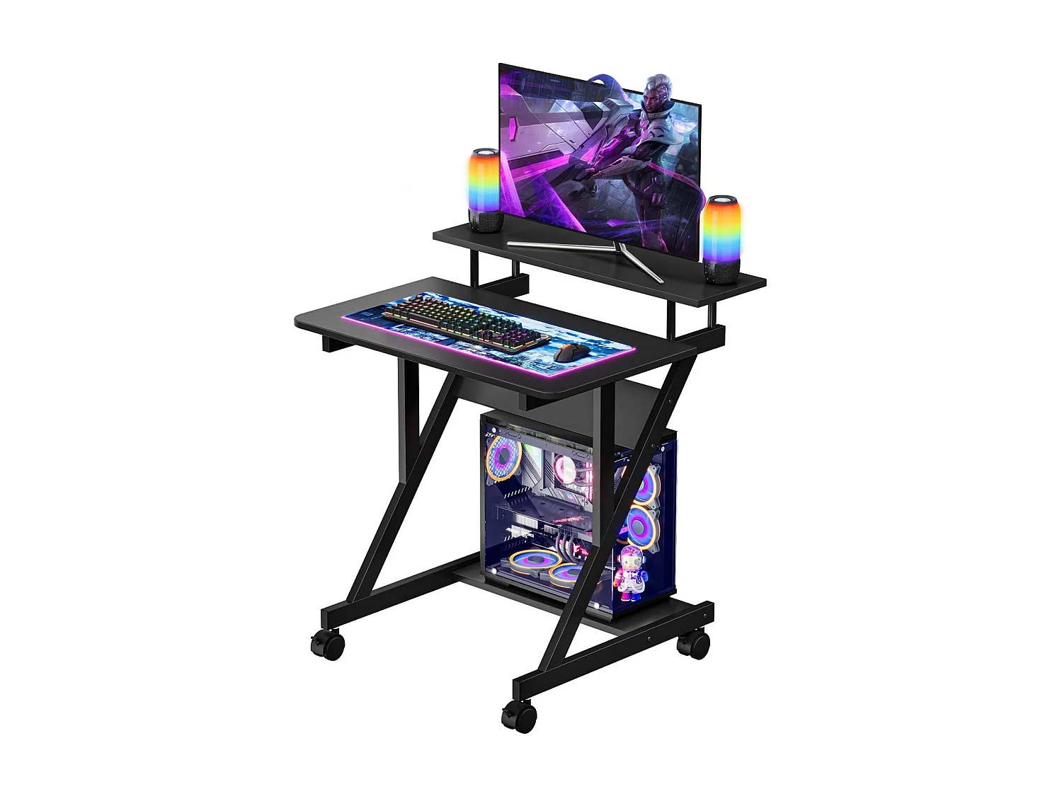 Z-vormig computerbureau met wielen, compact 70x60x79 cm, geïntegreerde planken, gemakkelijk te verplaatsen, ideaal voor kleine ruimtes, kantoor of studeerkamer