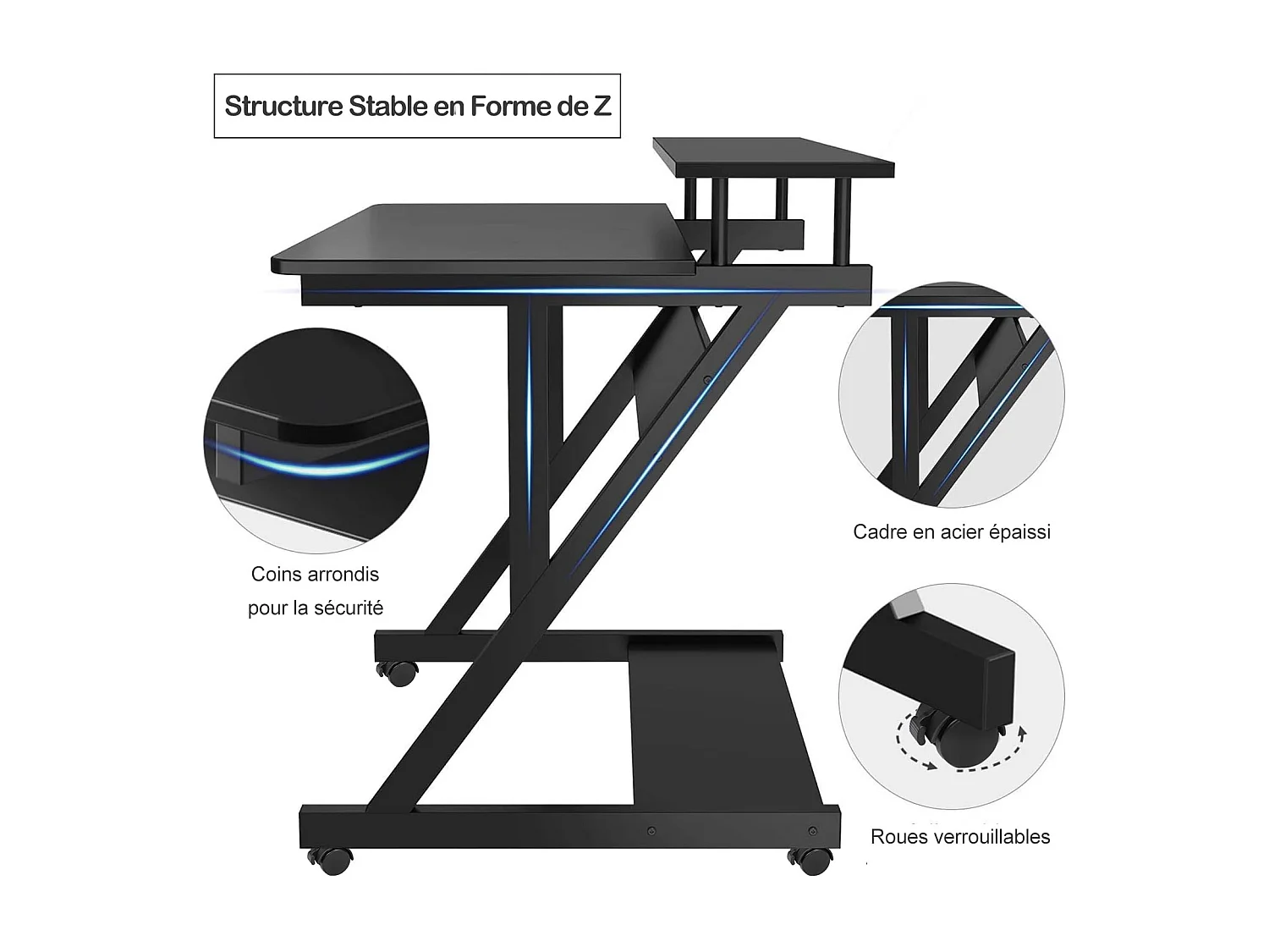 Z-vormig computerbureau met wielen, compact 70x60x79 cm, geïntegreerde planken, gemakkelijk te verplaatsen, ideaal voor kleine ruimtes, kantoor of studeerkamer