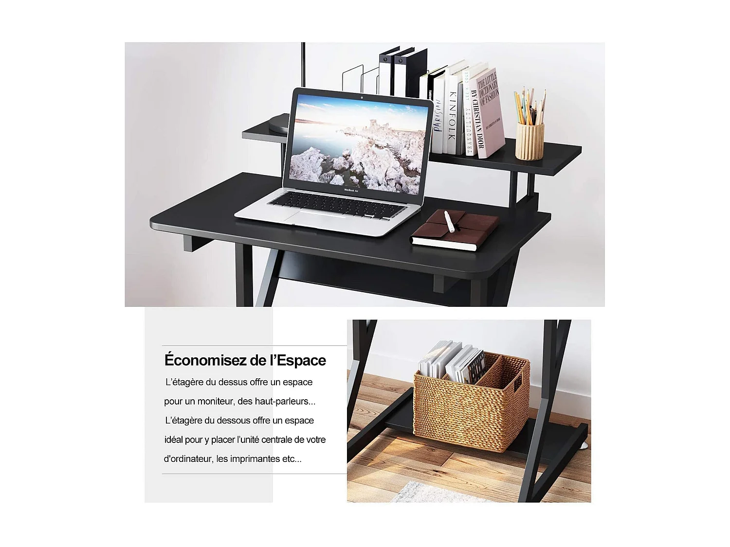 Z-vormig computerbureau met wielen, compact 70x60x79 cm, geïntegreerde planken, gemakkelijk te verplaatsen, ideaal voor kleine ruimtes, kantoor of studeerkamer