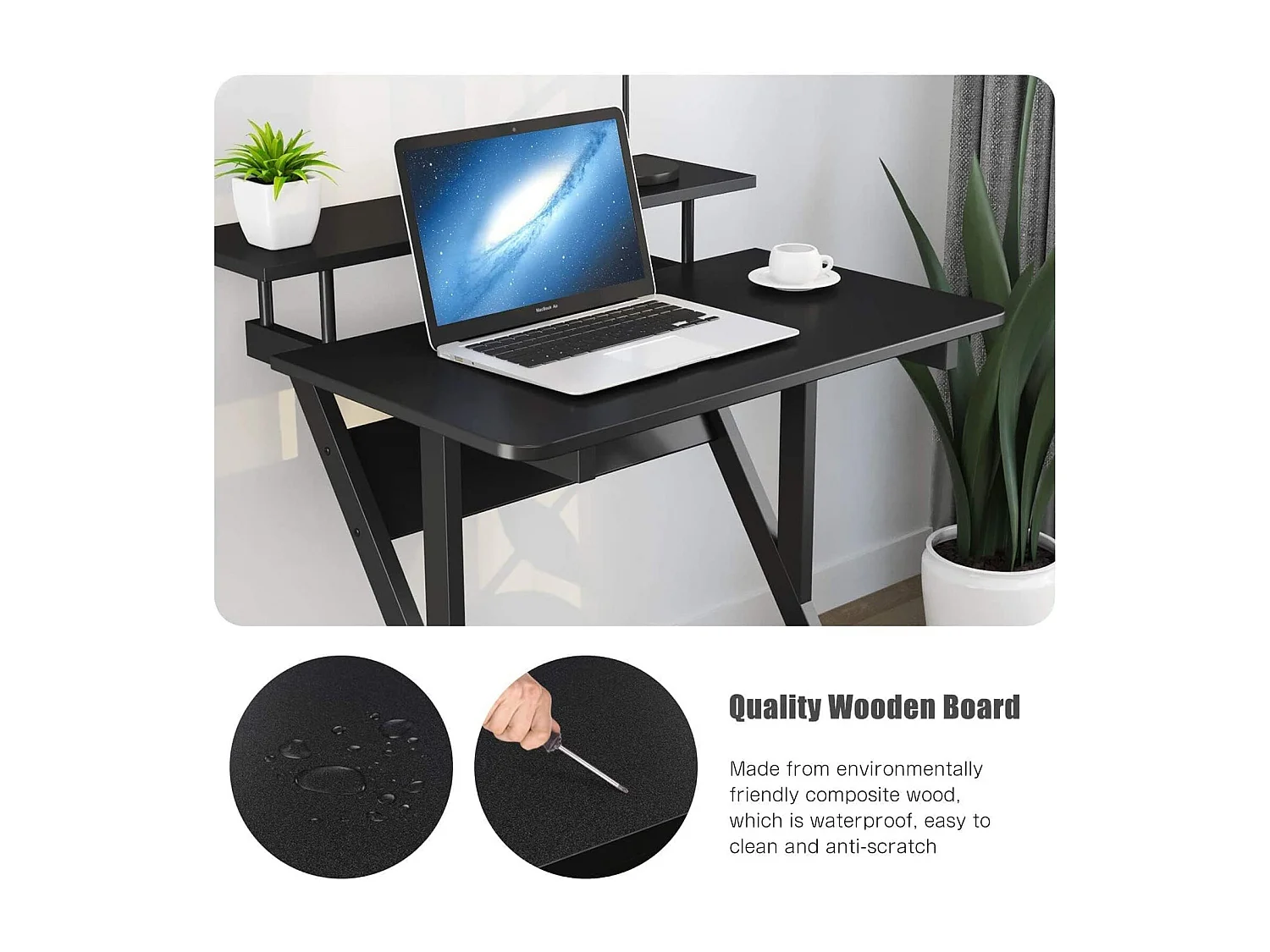 Z-vormig computerbureau met wielen, compact 70x60x79 cm, geïntegreerde planken, gemakkelijk te verplaatsen, ideaal voor kleine ruimtes, kantoor of studeerkamer