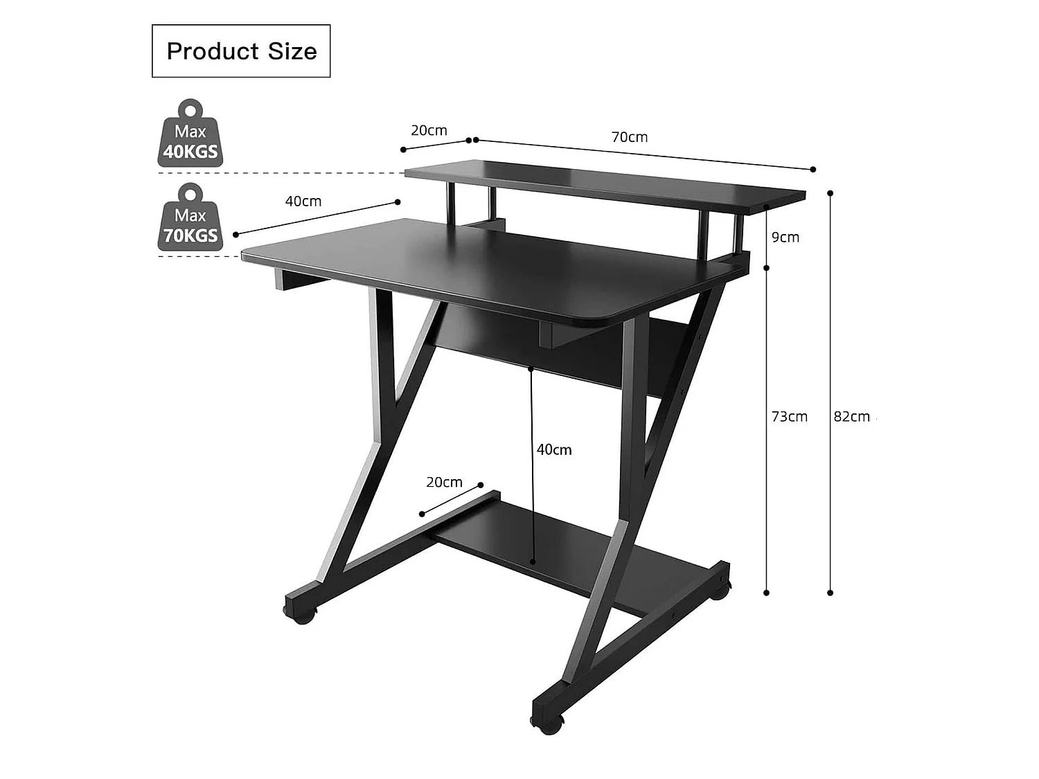 Bureau d'ordinateur en Z avec roulettes, compact 70x60x79 cm, étagères intégrées, facile à déplacer, idéal pour petit espace, bureau ou étude