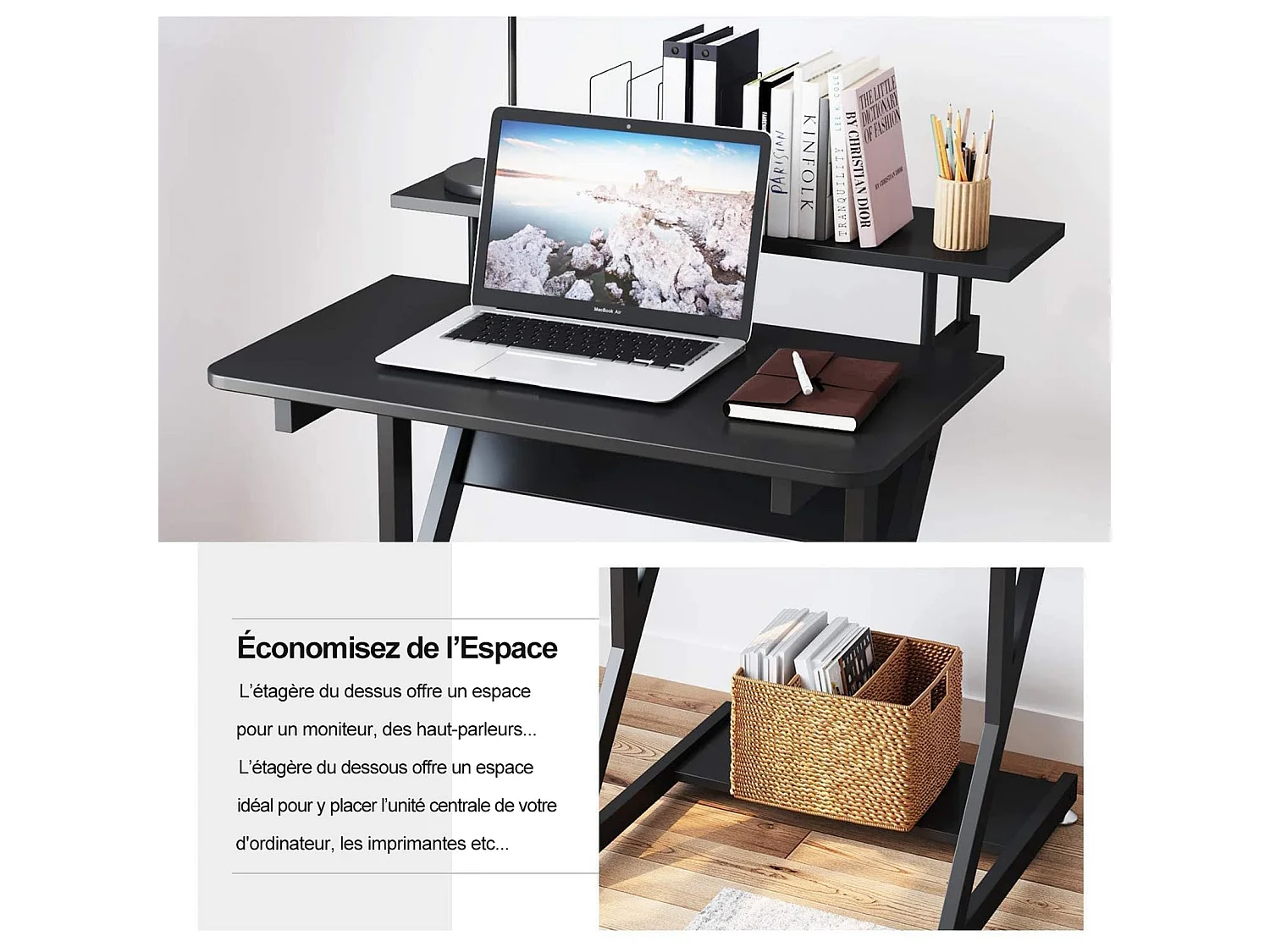 Bureau d'ordinateur en Z avec roulettes, compact 70x60x79 cm, étagères intégrées, facile à déplacer, idéal pour petit espace, bureau ou étude