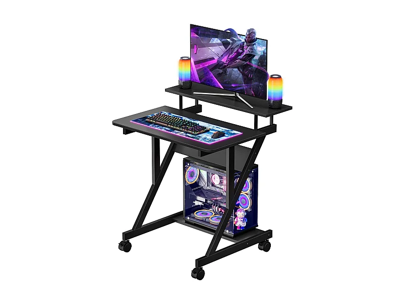 Bureau d'ordinateur en Z avec roulettes, compact 70x60x79 cm, étagères intégrées, facile à déplacer, idéal pour petit espace, bureau ou étude