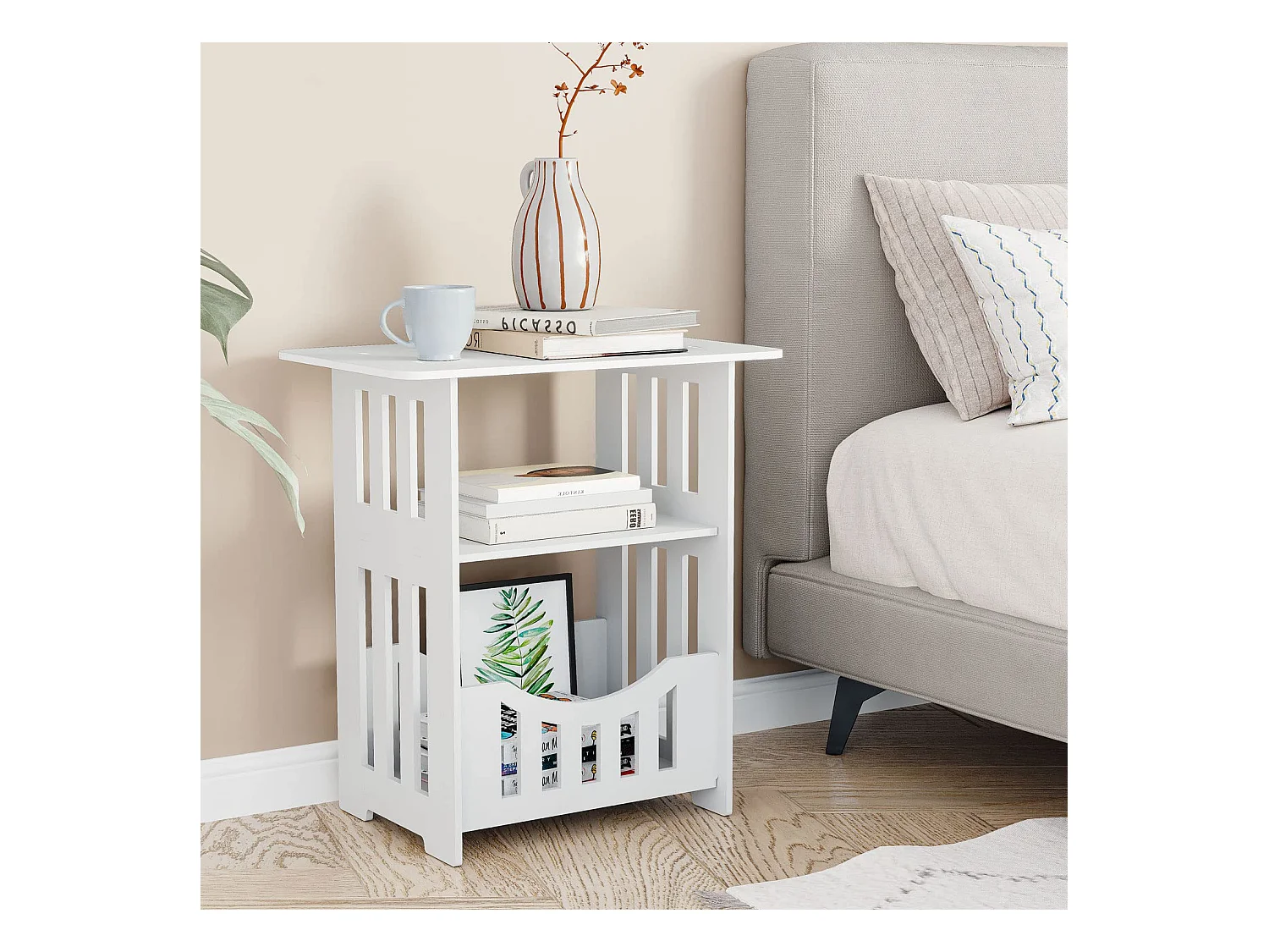 Table de chevet blanche 46x30x50 cm avec panier, idéale comme table de nuit, table à café ou bout de canapé pour salon, chambre, salle de bains ou balcon