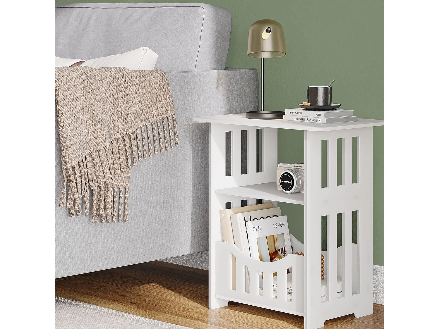 Table de chevet blanche 46x30x50 cm avec panier, idéale comme table de nuit, table à café ou bout de canapé pour salon, chambre, salle de bains ou balcon