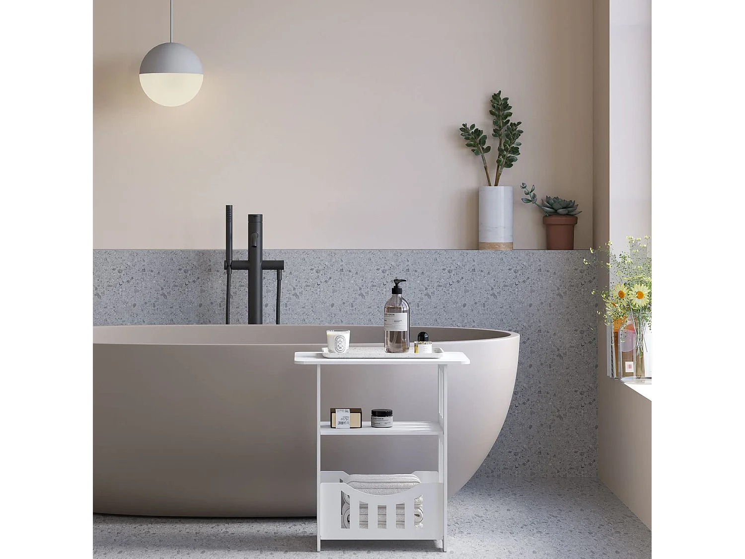 Table de chevet blanche 46x30x50 cm avec panier, idéale comme table de nuit, table à café ou bout de canapé pour salon, chambre, salle de bains ou balcon