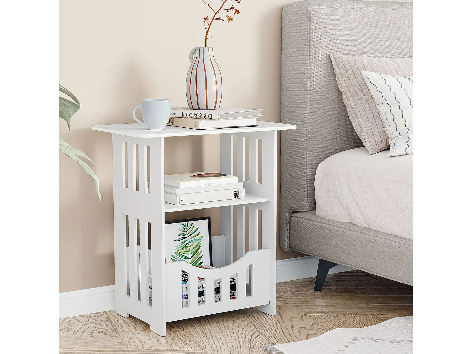 Table de chevet blanche 46x30x50 cm avec panier, idéale comme table de nuit, table à café ou bout de canapé pour salon, chambre, salle de bains ou balcon